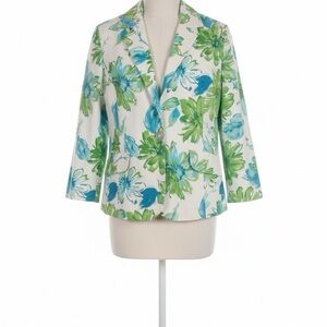 Susan Graver White Blazer with Green & Blue Floral Print Length 26” Sleeves 23”